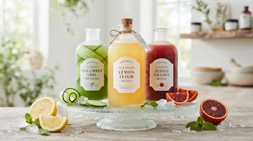 Three premium citrus juice flavors on ice