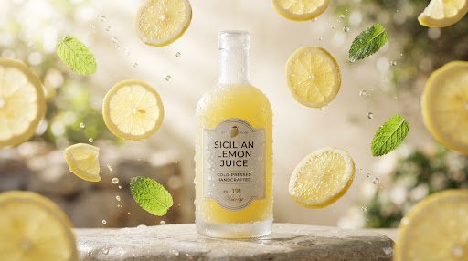 Sicilian lemon juice bottle surrounded by fresh lemon slices
